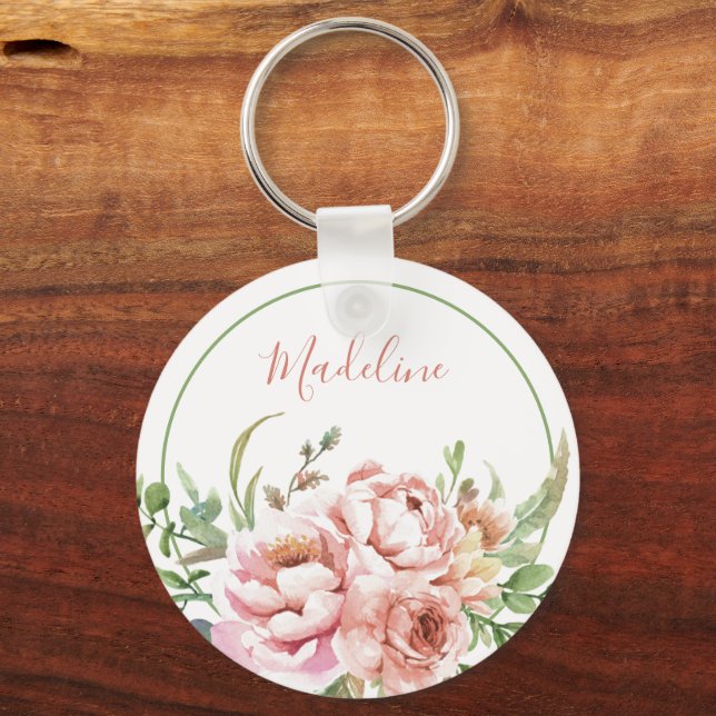 Lovely Watercolor Floral Custom Name Key Ring (Front)