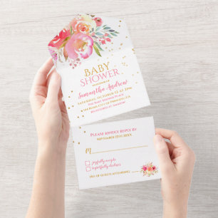 Lovely Watercolor Floral Girl Baby Shower All In One Invitation