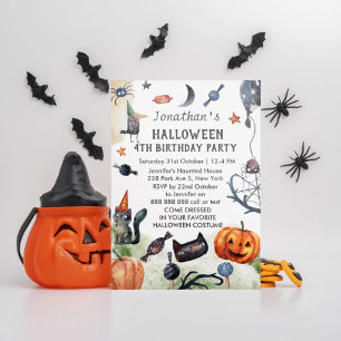 Lovely Watercolor Kids Birthday Halloween Invitation