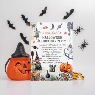 Lovely Watercolor Kids Birthday Halloween Invitation