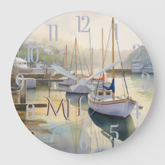 Lovely Watercolor Nautical Sailing Monogram Large Clock (Front)