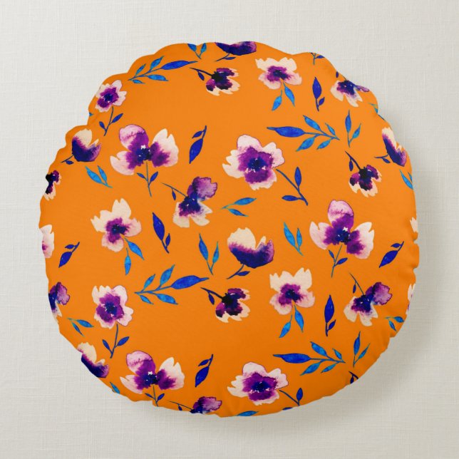 Lovely  watercolor peony poppy violet flowers and  round cushion (Front)