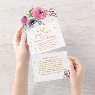 Lovely Watercolor Pink Flower Baby Girl Shower All In One Invitation