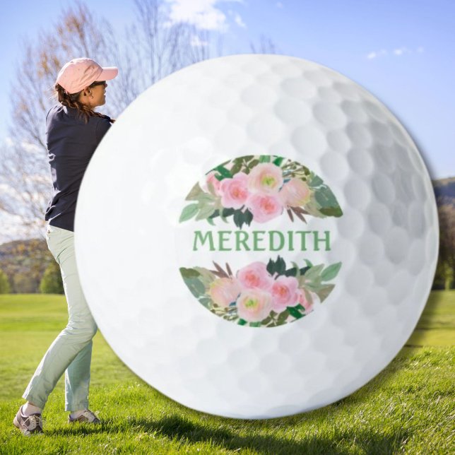 Lovely Watercolor Pink Flowers Personalised Name  Golf Balls (Creator Uploaded)