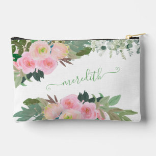 Lovely Watercolor Pink Flowers Personalized Name  Accessory Pouch
