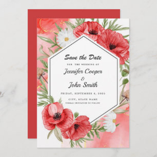 Lovely Watercolor Red Poppies Floral Wedding Save The Date