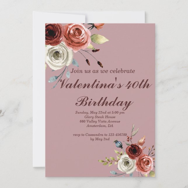 Lovely Watercolor Roses 40th Birthday Invitation (Front)