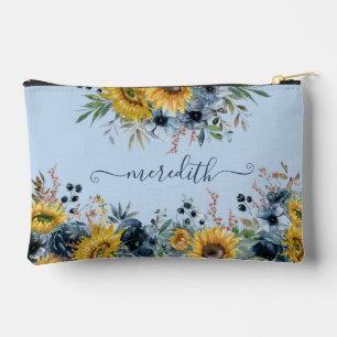 Lovely Watercolor Sunflowers Blue Background Name  Accessory Pouch