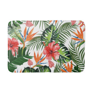 Lovely Watercolor Tropical Floral Greenery Pattern Bath Mat