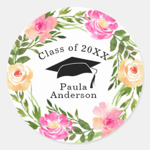 Lovely Watercolor Wreath Graduation Classic Round Sticker