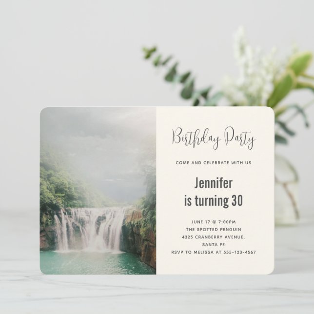 Lovely Waterfall by a Lush Green Forest Birthday Invitation (Standing Front)