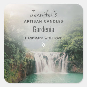 Lovely Waterfall in a Mountain Forest Candle Biz Square Sticker