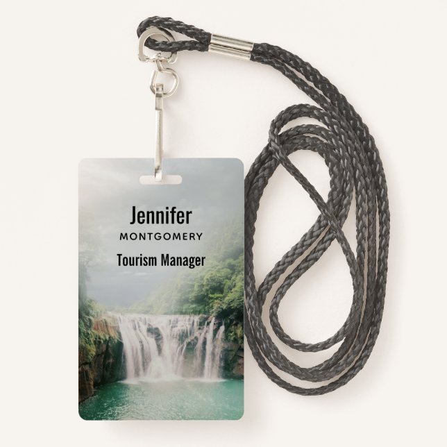 Lovely Waterfall in a Mountain Forest ID Badge (Front with Lanyard)