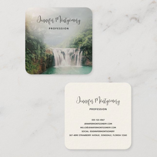 Lovely Waterfall in a Mountain Forest Square Business Card (Front/Back)