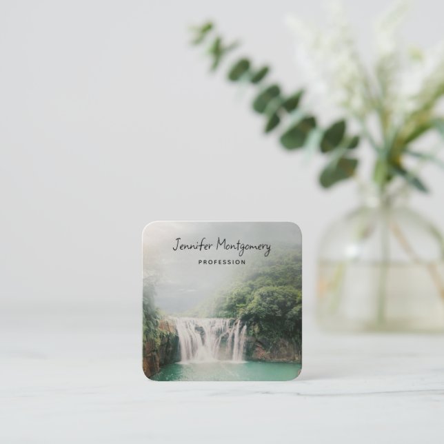 Lovely Waterfall in a Mountain Forest Square Business Card (Standing Front)
