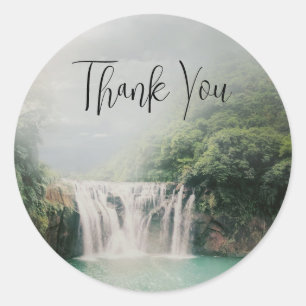 Lovely Waterfall in a Mountain Forest Thank You Classic Round Sticker