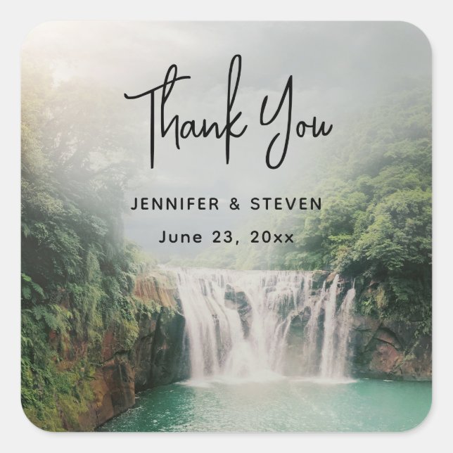 Lovely Waterfall in a Mountain Forest Thank You Square Sticker (Front)