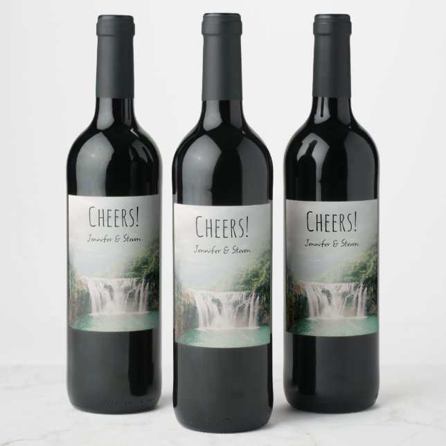 Lovely Waterfall in a Mountain Forest Wine Label (Bottles)