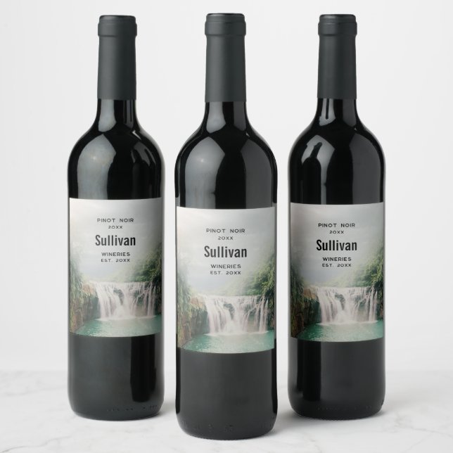 Lovely Waterfall in a Mountain Forest Wine Making Label (Bottles)