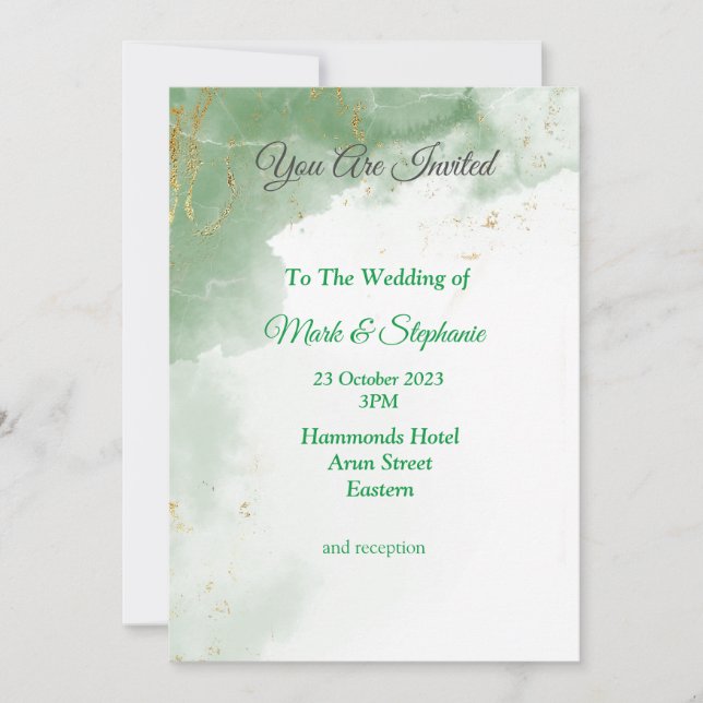 Lovely Wedding Invitation, green marbled Invitation (Front)