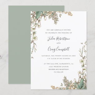 Lovely White Bellflowers leaves Whimsical wedding Invitation