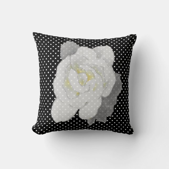 Lovely White Flower Black White Polka Dot Cushion (Front)