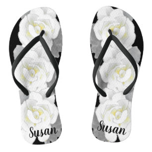 Lovely White Gardenia Flower on Black Flip Flops