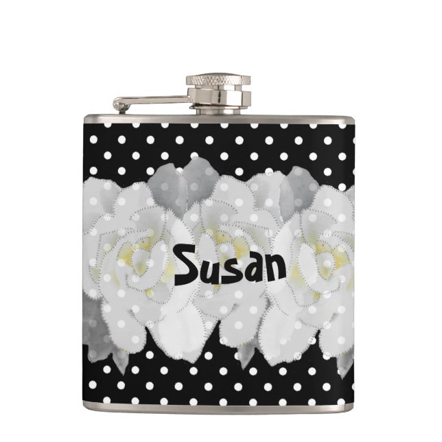 Lovely White Gardenia Flowers on Black and White Hip Flask (Front)