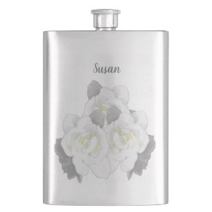 Lovely White Gardenia Flowers on Silver Hip Flask