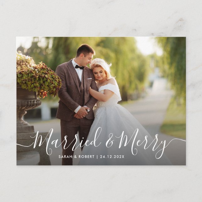 lovely white script holiday wedding announcement postcard (Front)