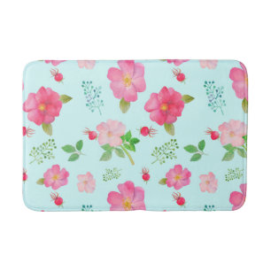 Lovely Wild Roses and Rose Hips Watercolor Pattern Bath Mat