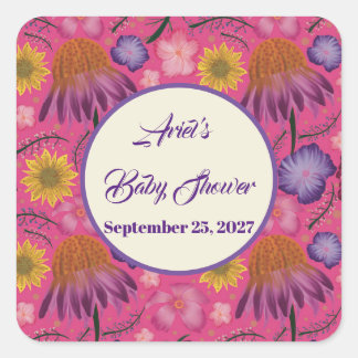 Lovely Wildflower Pink Baby Shower Favours Square Sticker