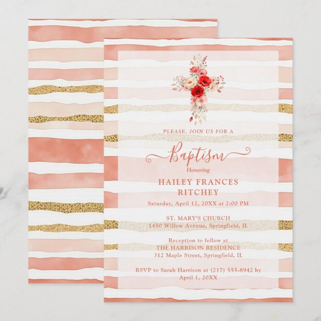 Lovely Wildflowers Christian Cross Baptism Invitation (Front/Back)