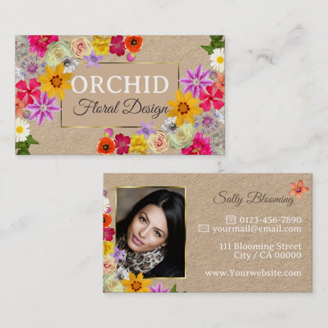 Lovely Wildflowers Elegant Gold Beige with Photo Business Card (Front/Back)