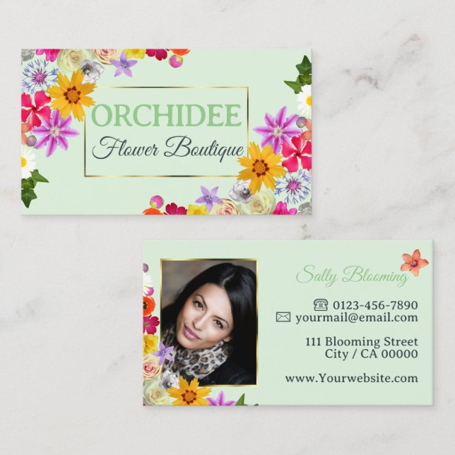 Lovely Wildflowers Green Fine Gold Frame Photo  Business Card (Front/Back)