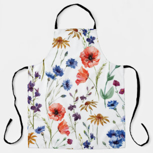 Lovely wildflowers, watercolor, poppy, cornflower, apron