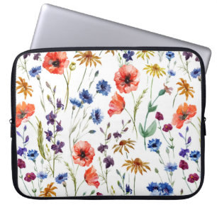 Lovely wildflowers, watercolor, poppy, cornflower, laptop sleeve