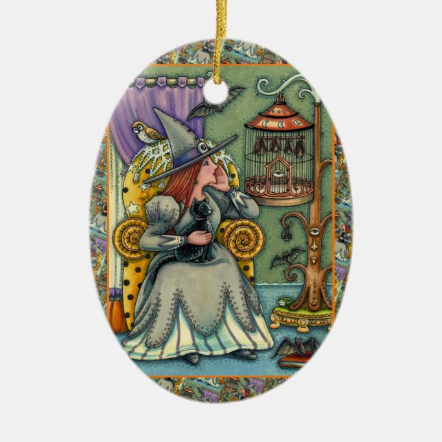 LOVELY WITCH, CAT & HER PETS, BAT CAGE, HALLOWEEN CERAMIC TREE DECORATION (Front)