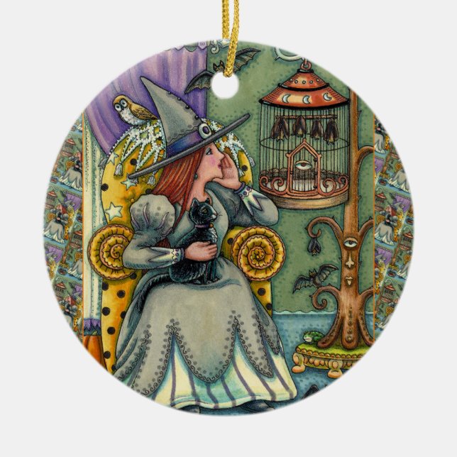 LOVELY WITCH, CAT & HER PETS, BAT CAGE, HALLOWEEN CERAMIC TREE DECORATION (Front)