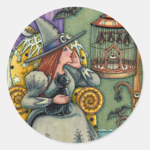 LOVELY WITCH, CAT & HER PETS, BAT CAGE, HALLOWEEN CLASSIC ROUND STICKER