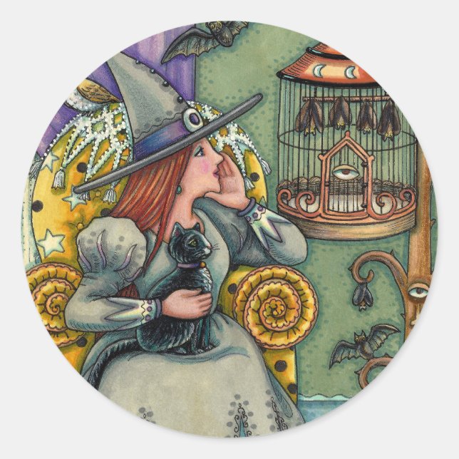 LOVELY WITCH, CAT & HER PETS, BAT CAGE, HALLOWEEN CLASSIC ROUND STICKER (Front)
