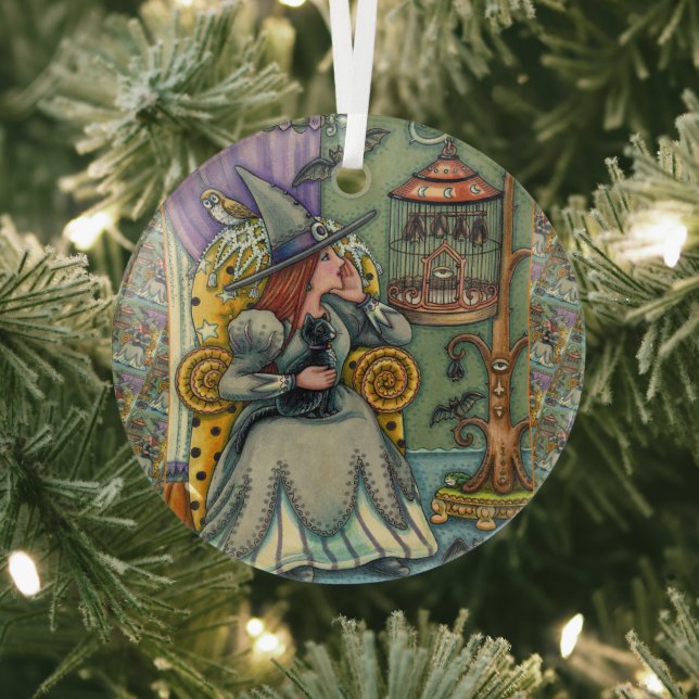 LOVELY WITCH, CAT & HER PETS, BAT CAGE, HALLOWEEN GLASS TREE DECORATION (Insitu)