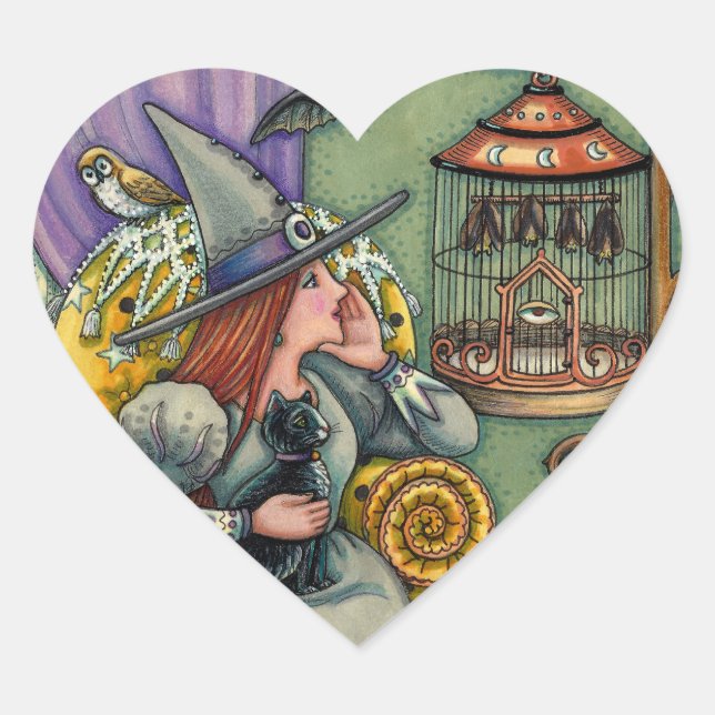 LOVELY WITCH, CAT & HER PETS, BAT CAGE, HALLOWEEN HEART STICKER (Front)