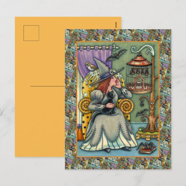 LOVELY WITCH, CAT & HER PETS, BAT CAGE, HALLOWEEN HOLIDAY POSTCARD (Front/Back)