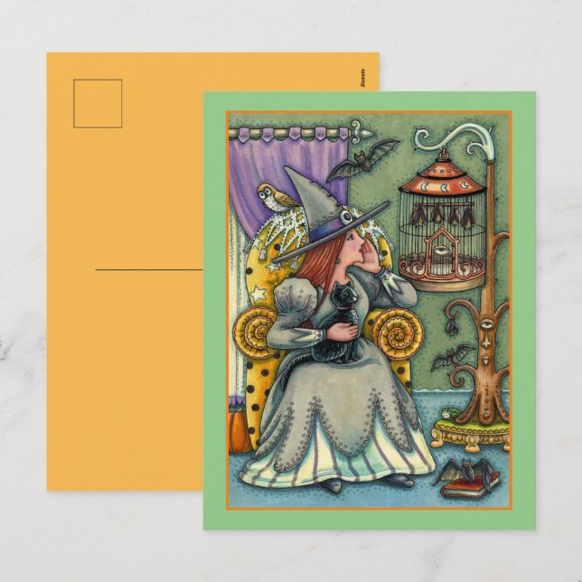 LOVELY WITCH, CAT & HER PETS, BAT CAGE, HALLOWEEN HOLIDAY POSTCARD (Front/Back)