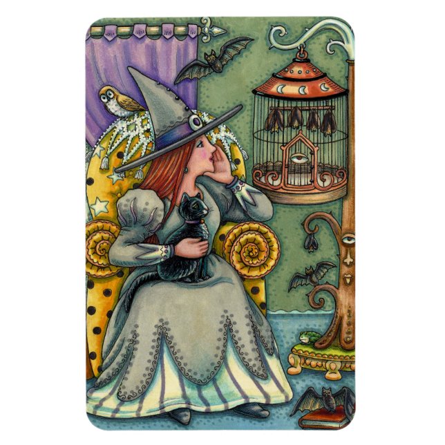 LOVELY WITCH, CAT & HER PETS, BAT CAGE, HALLOWEEN MAGNET (Vertical)