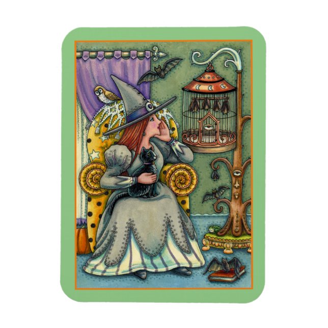 LOVELY WITCH, CAT & HER PETS, BAT CAGE, HALLOWEEN MAGNET (Vertical)
