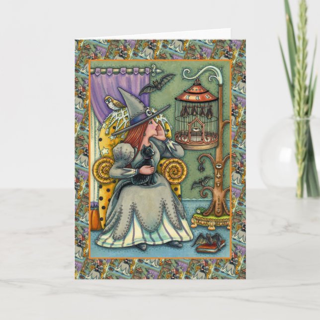 LOVELY WITCH, CAT, PETS, BAT CAGE, HALLOWEEN Blank Holiday Card (Front)