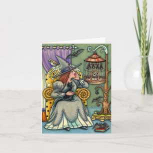 LOVELY WITCH, CAT, PETS, BAT CAGE, HALLOWEEN Blank Note Card