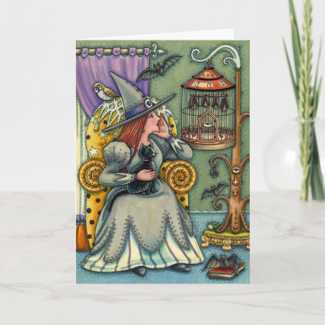 LOVELY WITCH, CAT, PETS, BAT CAGE, HALLOWEEN Verse Holiday Card (Front)